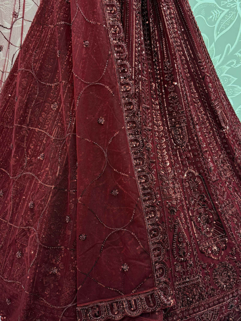 Dazzling Red Thread Work Net Bridesmaid Lehenga Choli With Dupatta