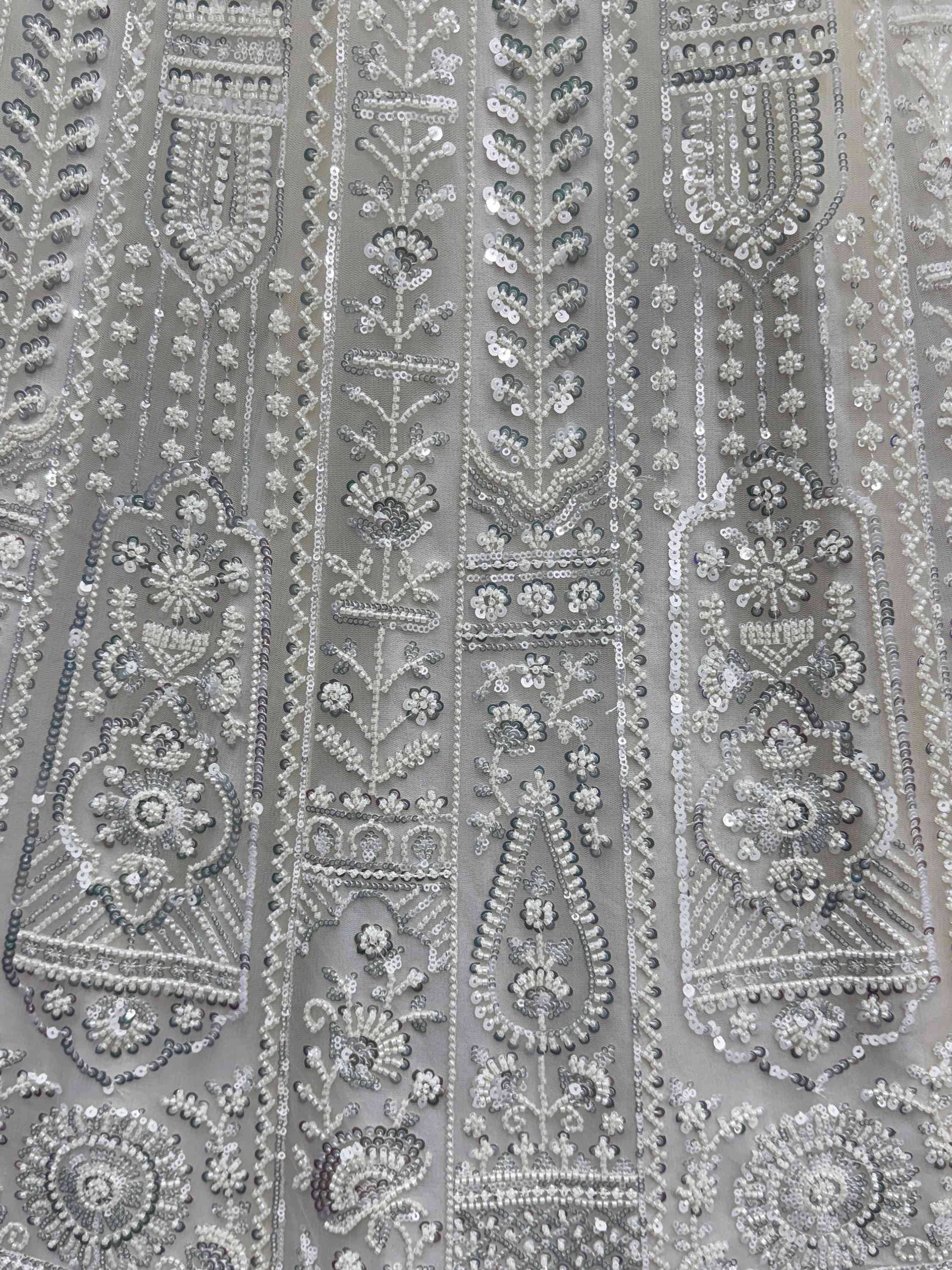 Elegant silver sequin and bead embroidery on sheer fabric for Indian ethnic wear