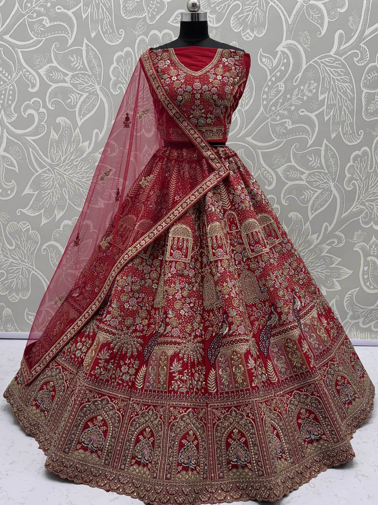 Awesome Red Dori Work Silk Bridal Lehenga Choli With Double Dupatta
