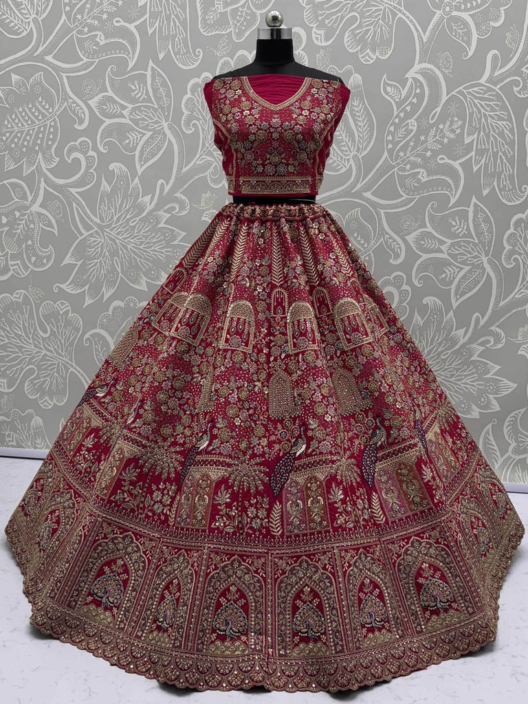 Attractive Pink Thread Work Silk Bridal Wear Lehenga Choli With Double Dupatta