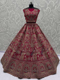 Attractive Pink Thread Work Silk Bridal Wear Lehenga Choli With Double Dupatta
