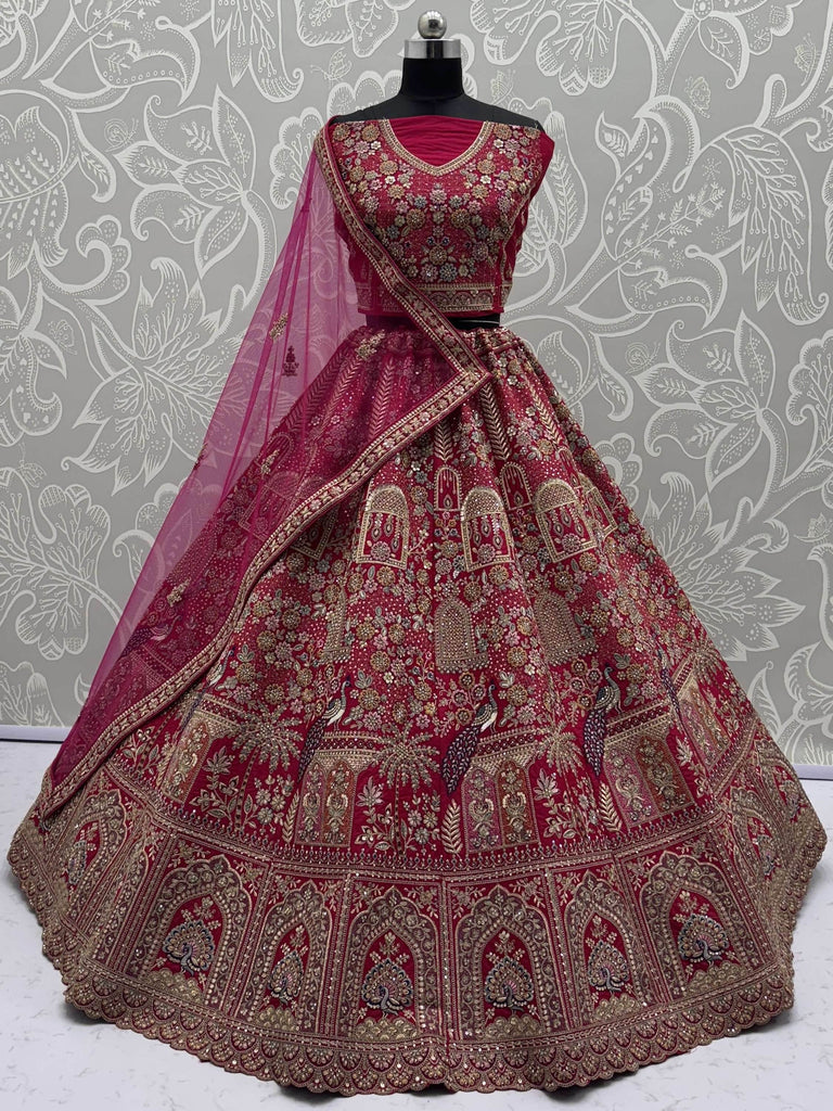 Attractive Pink Thread Work Silk Bridal Wear Lehenga Choli With Double Dupatta