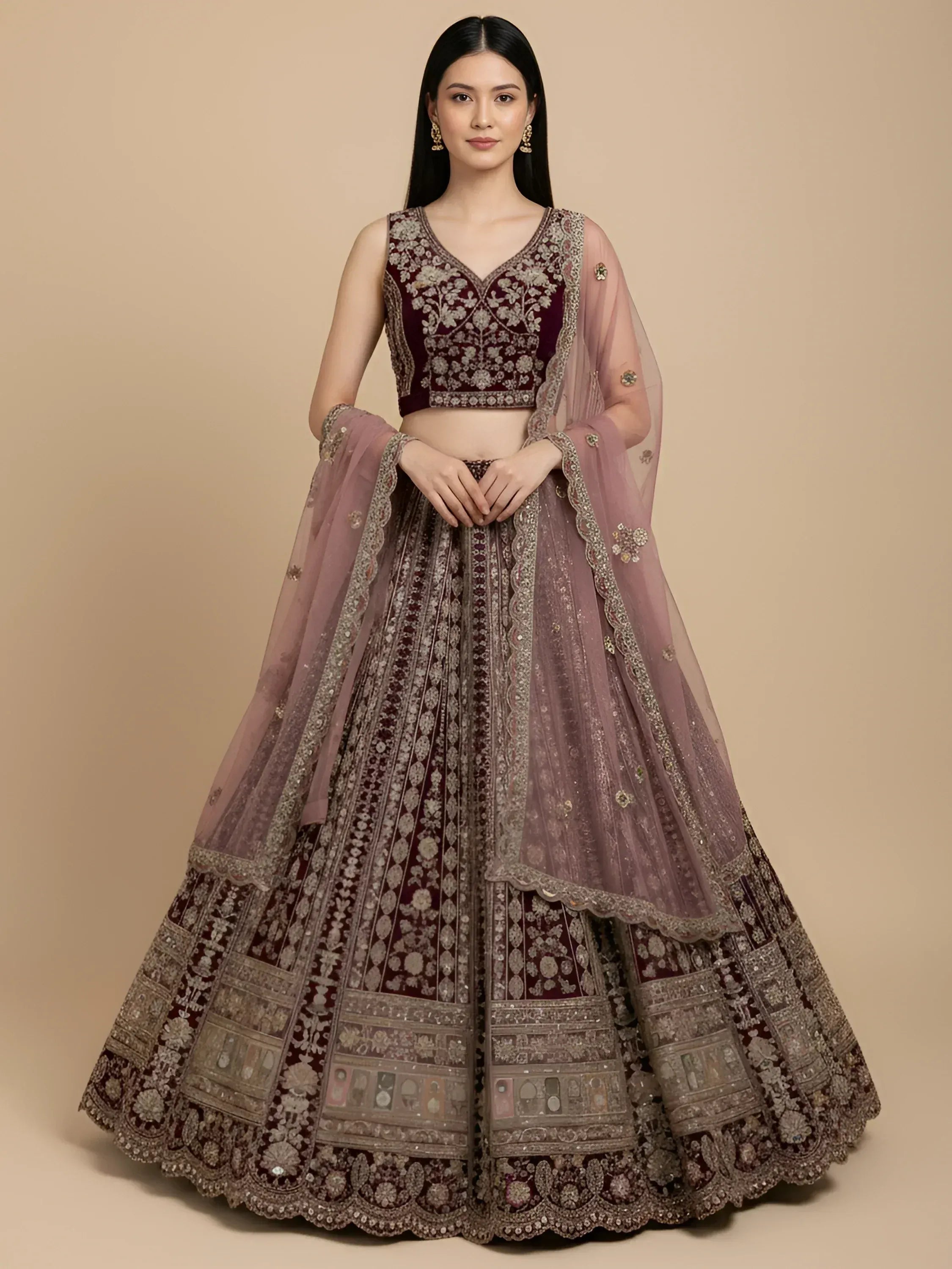 Elegant maroon and dusty pink embroidered lehenga choli with sheer dupatta, perfect for Indian weddings and festive occasions.