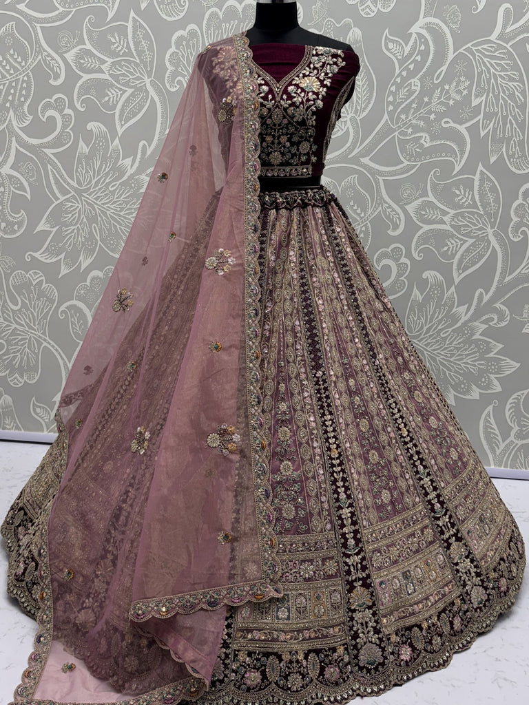 Spectacular Maroon Embroidery Net Bridal Wear Lehenga Choli With Dupatta