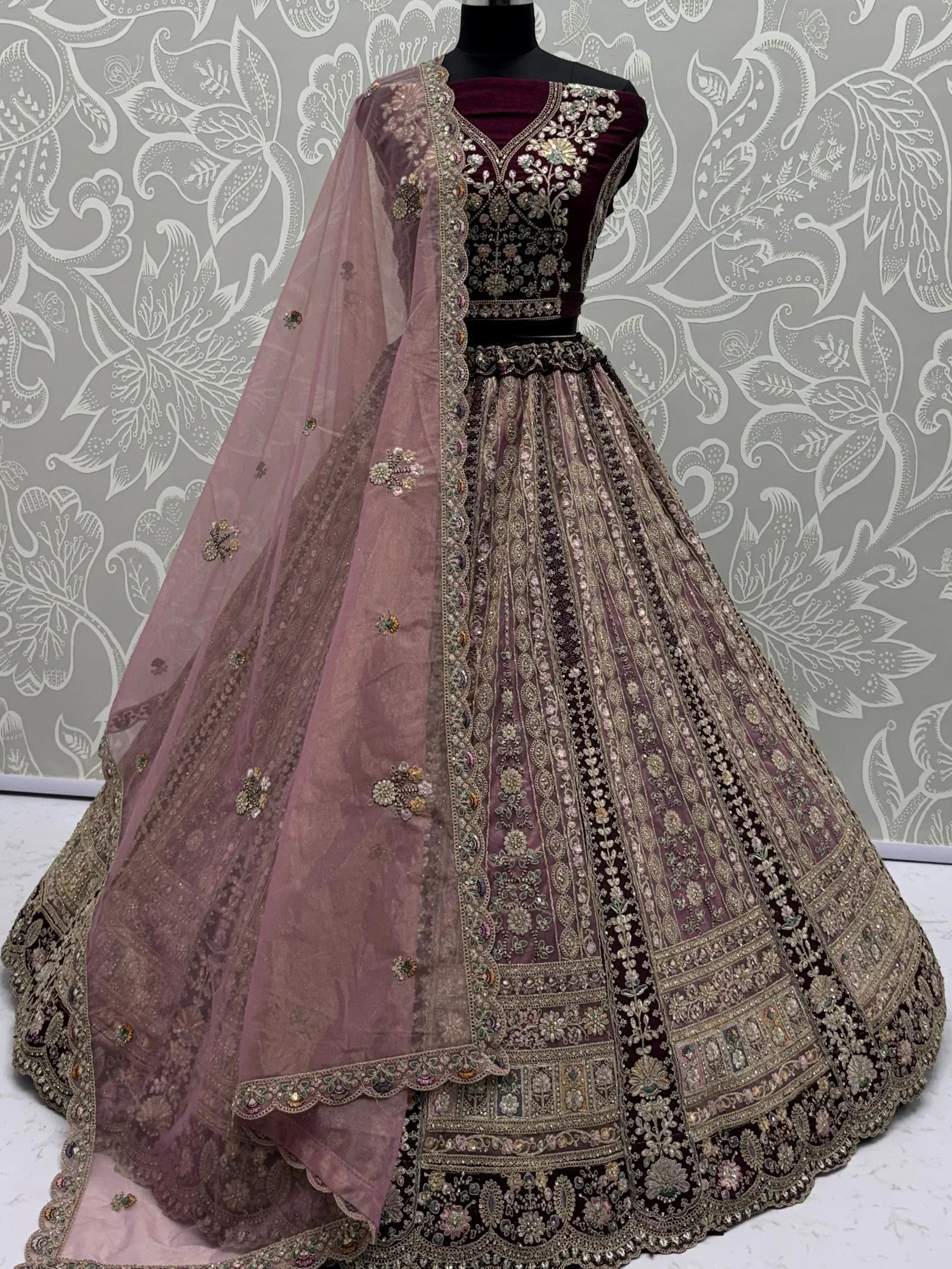 Luxury maroon lehenga choli with heavy embroidery and dupatta, Indian ethnic wear for weddings