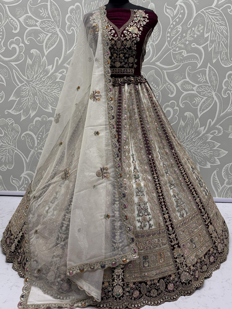 Astonishing Off-White Multi-Thread Work Net Bridal Lehenga Choli With Dupatta