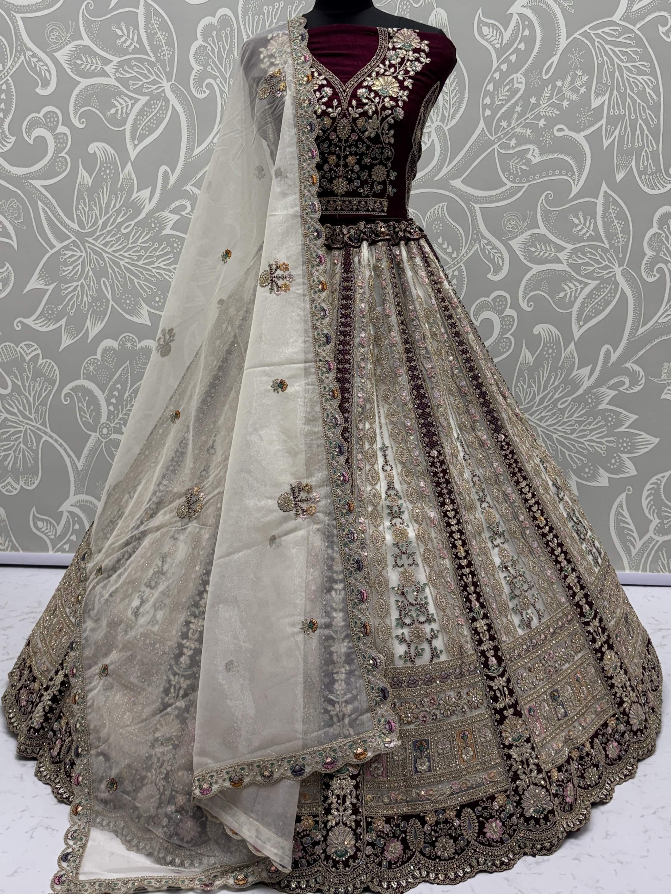 Astonishing Off-White Multi-Thread Work Net Bridal Lehenga Choli With Dupatta