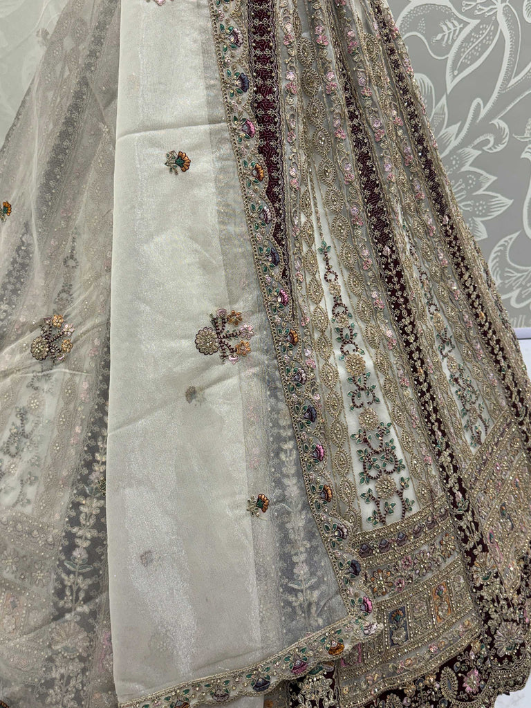 Astonishing Off-White Multi-Thread Work Net Bridal Lehenga Choli With Dupatta