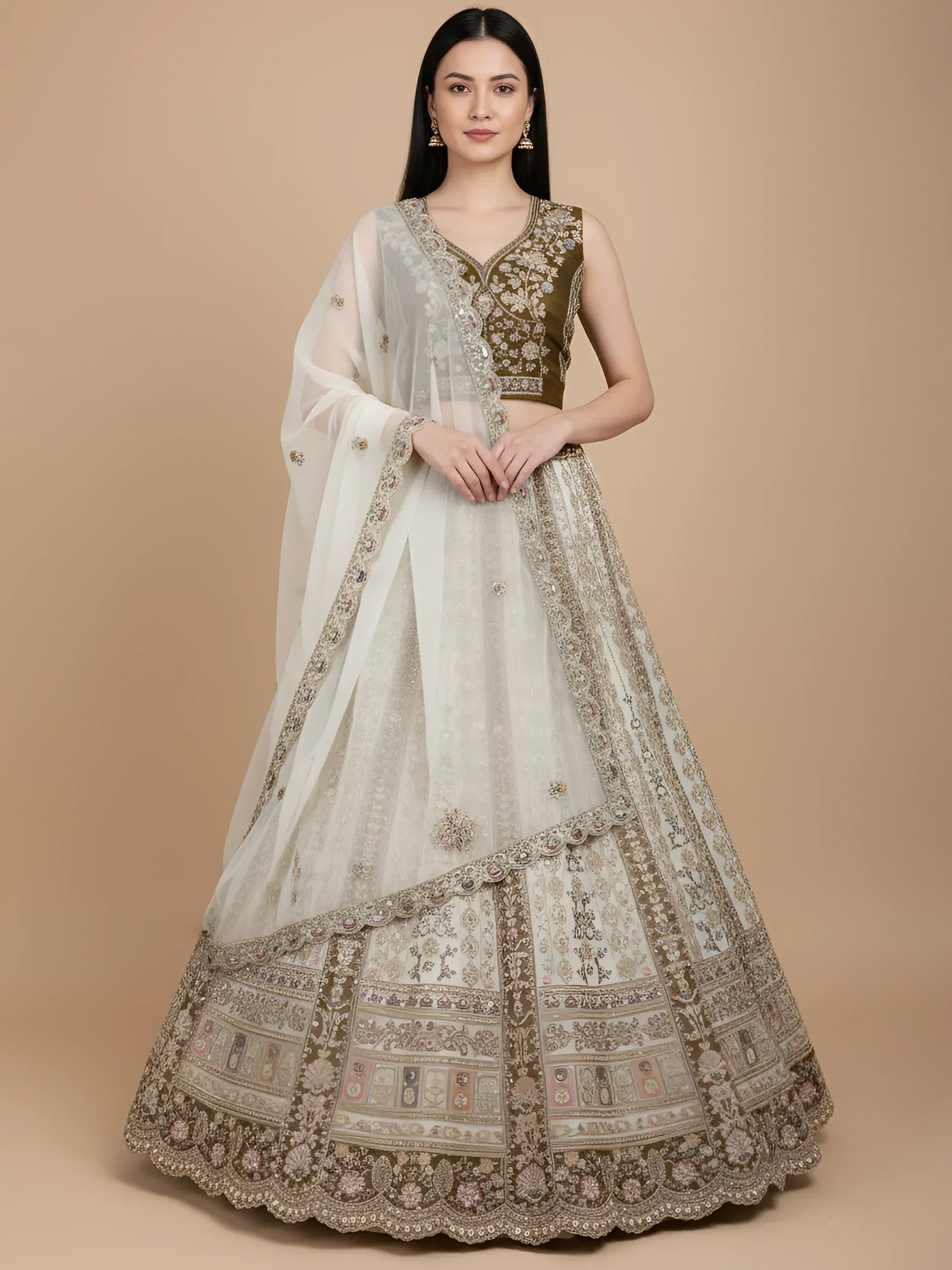 Elegant white and gold embroidered lehenga choli with floral motifs and sheer dupatta for Indian ethnic wear