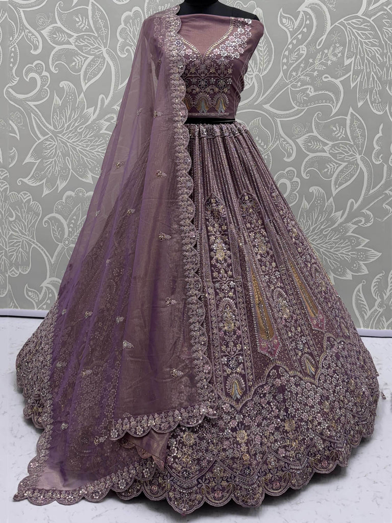 Amazing Purple Sequins Net Bridesmaid Lehenga Choli With Dupatta