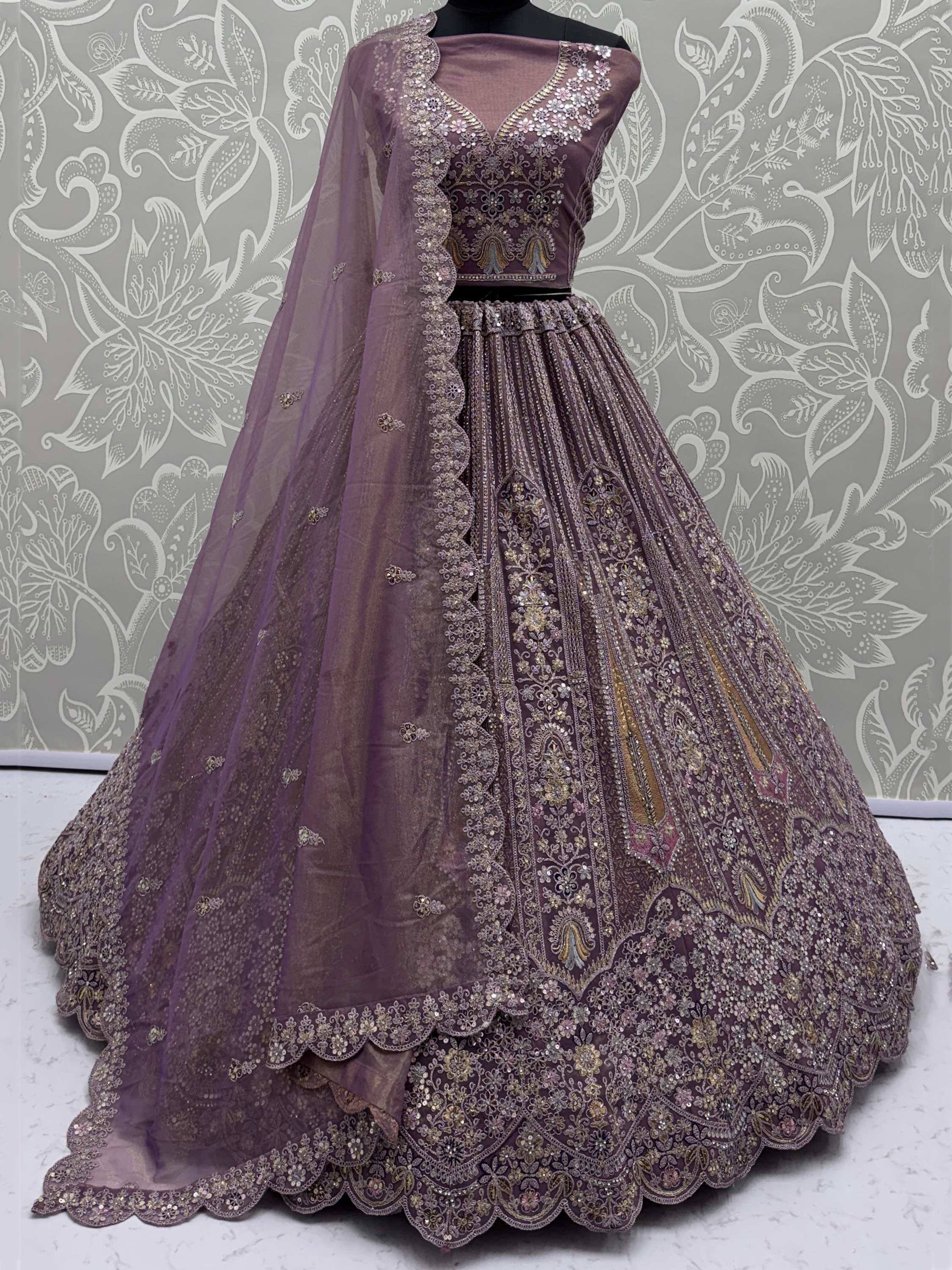 Purple designer lehenga choli with heavy embroidery and dupatta, Indian ethnic wear
