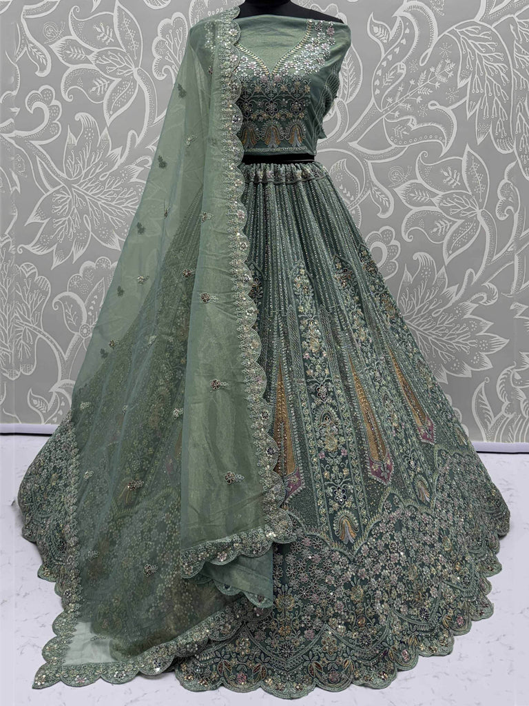 Tantalizing Green Sequins Net Engagement Wear Lehenga Choli With Dupatta