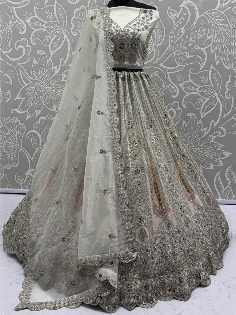 Attractive White Thread Work Net Wedding Wear Lehenga Choli With Dupatta