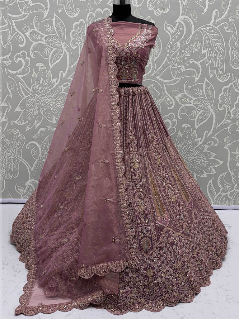 Fabulous Mauve Dori Work Net Reception Wear Lehenga Choli With Dupatta