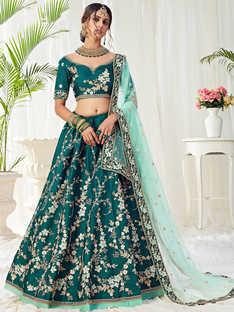 Dark Green Cording Mulberry Silk Bridal Wear Lehenga Choli