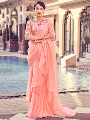 Lavish Peach Thread Work Organza Reception Wear Frill Saree With Blouse