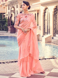 Lavish Peach Thread Work Organza Reception Wear Frill Saree With Blouse