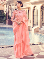 Lavish Peach Thread Work Organza Reception Wear Frill Saree With Blouse
