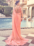 Lavish Peach Thread Work Organza Reception Wear Frill Saree With Blouse
