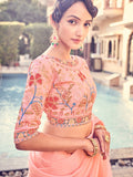Lavish Peach Thread Work Organza Reception Wear Frill Saree With Blouse