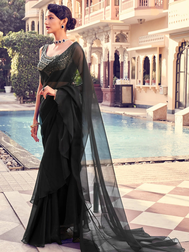 Dazzling Black Sequines Organza Cocktail Party Frill Saree With Blouse