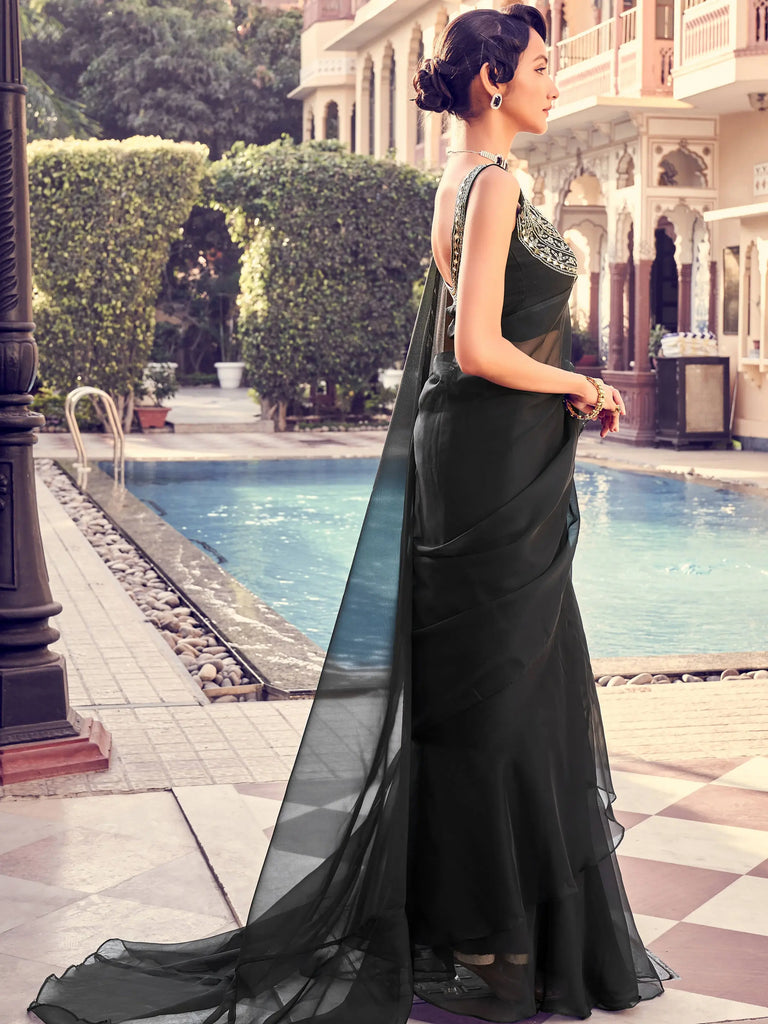 Dazzling Black Sequines Organza Cocktail Party Frill Saree With Blouse