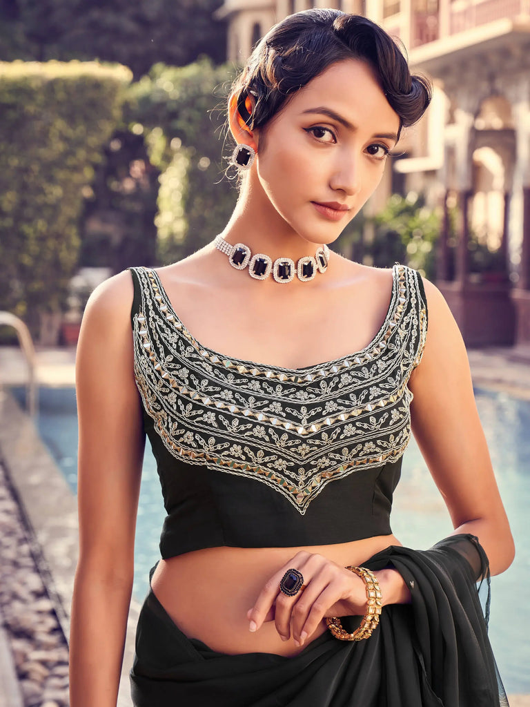 Dazzling Black Sequines Organza Cocktail Party Frill Saree With Blouse