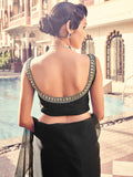 Dazzling Black Sequines Organza Cocktail Party Frill Saree With Blouse
