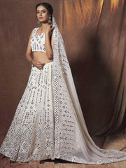 Marvelous White Mirror Work Georgette Lehenga Choli With Dupatta