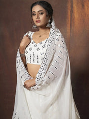 Marvelous White Mirror Work Georgette Lehenga Choli With Dupatta