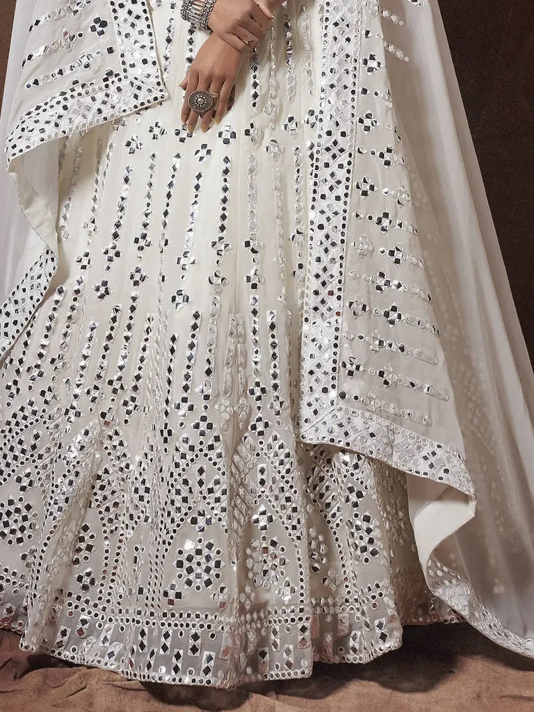 Marvelous White Mirror Work Georgette Lehenga Choli With Dupatta