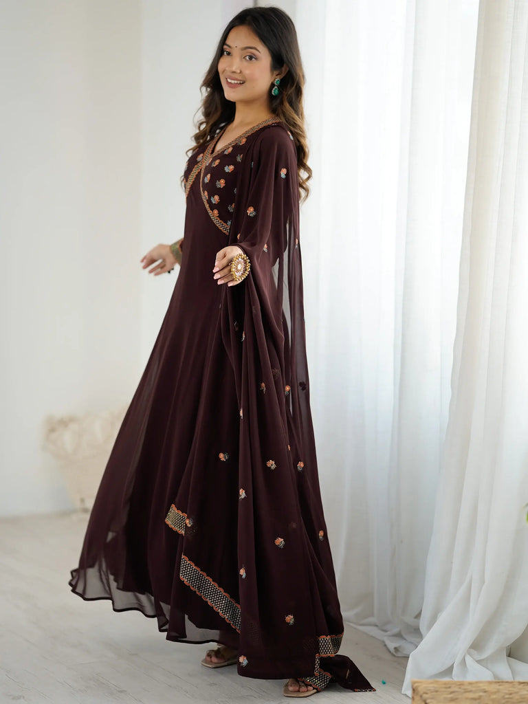 Gorgeous Brown Embroidered Georgette Traditional Gown With Dupatta
