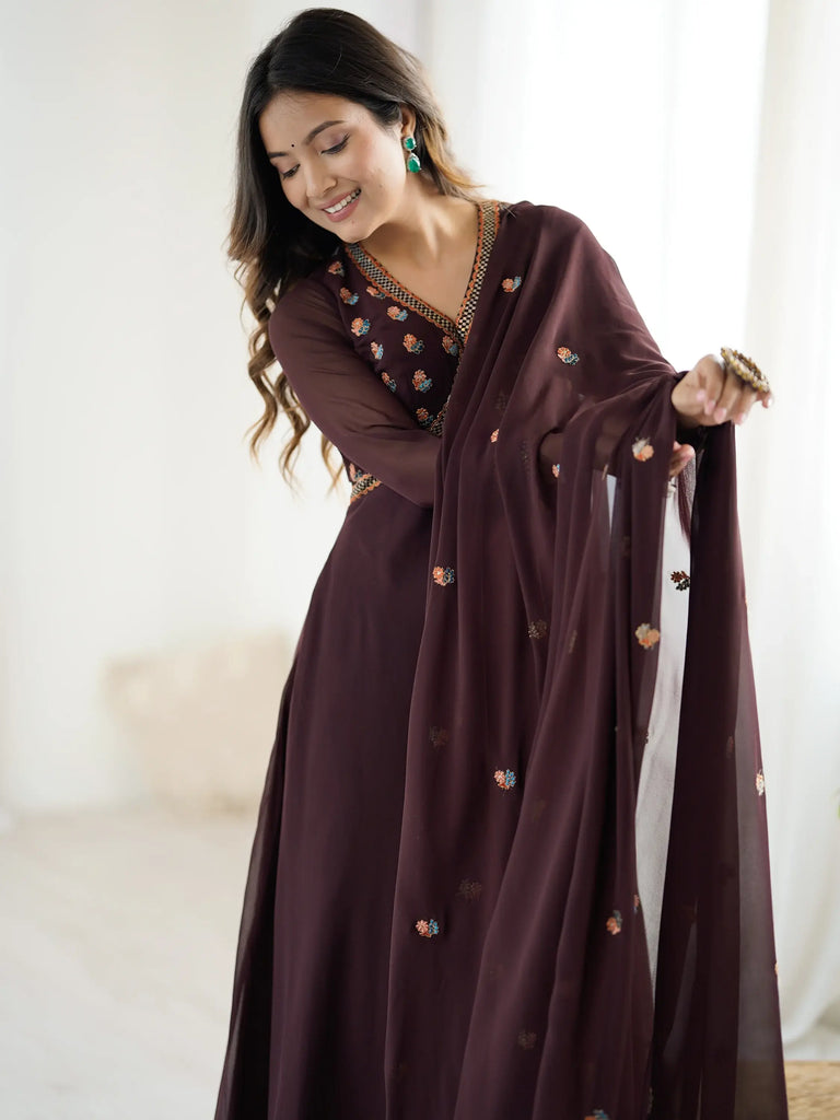 Gorgeous Brown Embroidered Georgette Traditional Gown With Dupatta