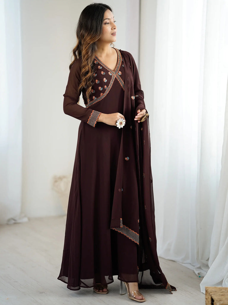 Gorgeous Brown Embroidered Georgette Traditional Gown With Dupatta