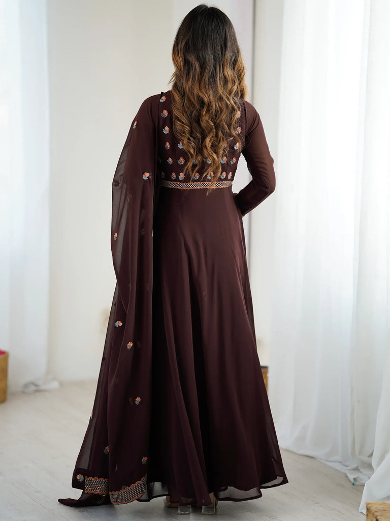 Gorgeous Brown Embroidered Georgette Traditional Gown With Dupatta