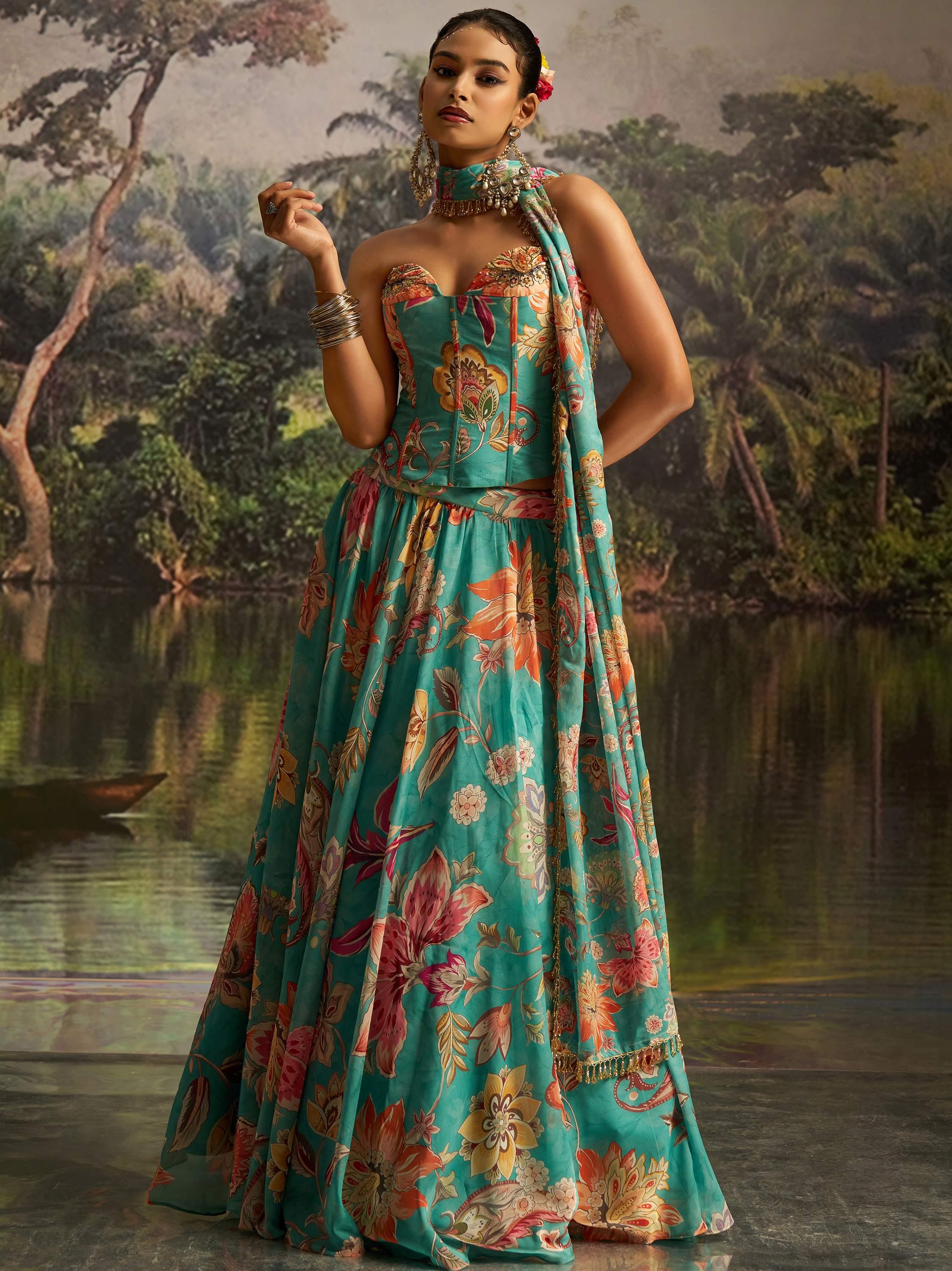 Superb Teal Green Digital Printed Georgette Designer Lehenga With Corset Choli