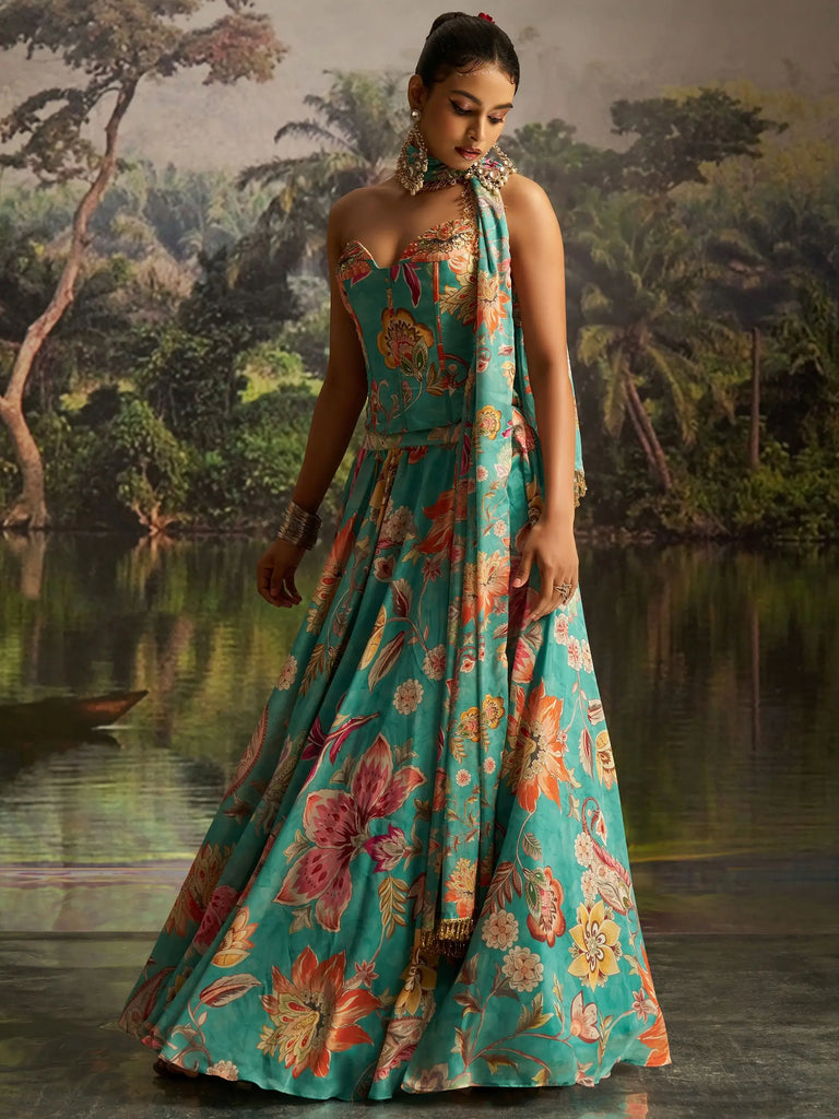 Superb Teal Green Digital Printed Georgette Designer Lehenga With Corset Choli