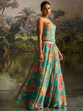 Superb Teal Green Digital Printed Georgette Designer Lehenga With Corset Choli