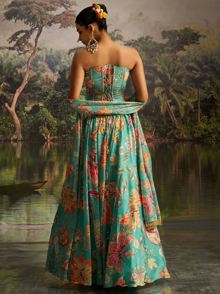 Superb Teal Green Digital Printed Georgette Designer Lehenga With Corset Choli