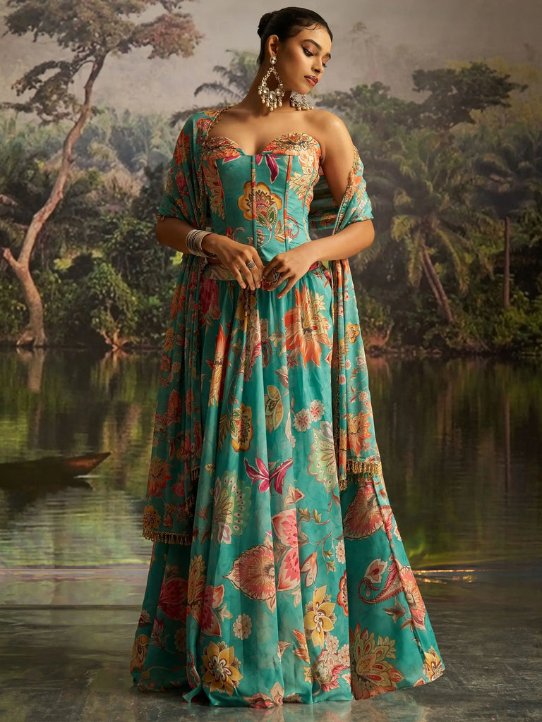 Superb Teal Green Digital Printed Georgette Designer Lehenga With Corset Choli