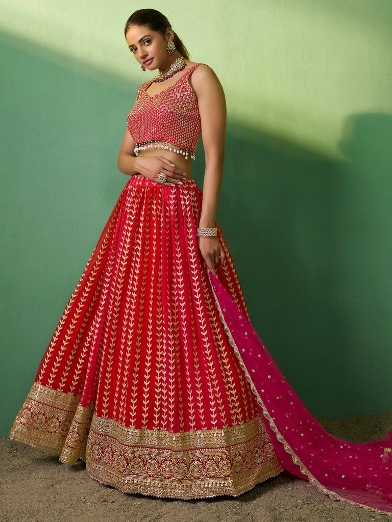 Fascinating Red Sequins Georgette Wedding Wear Lehenga Choli