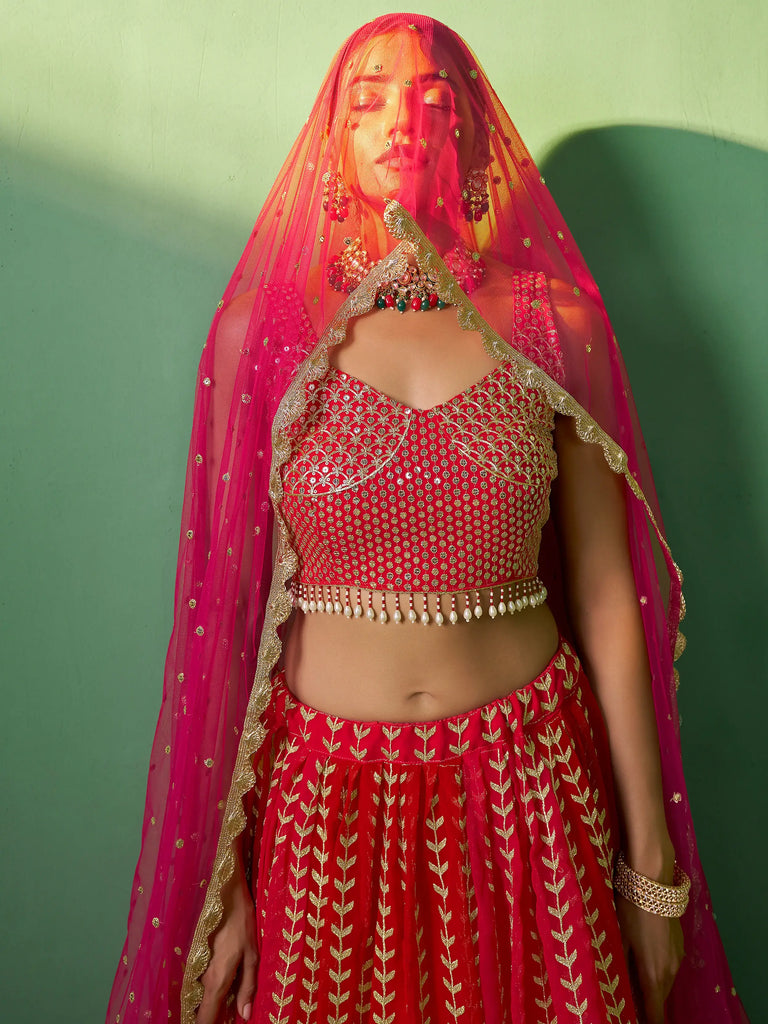 Fascinating Red Sequins Georgette Wedding Wear Lehenga Choli