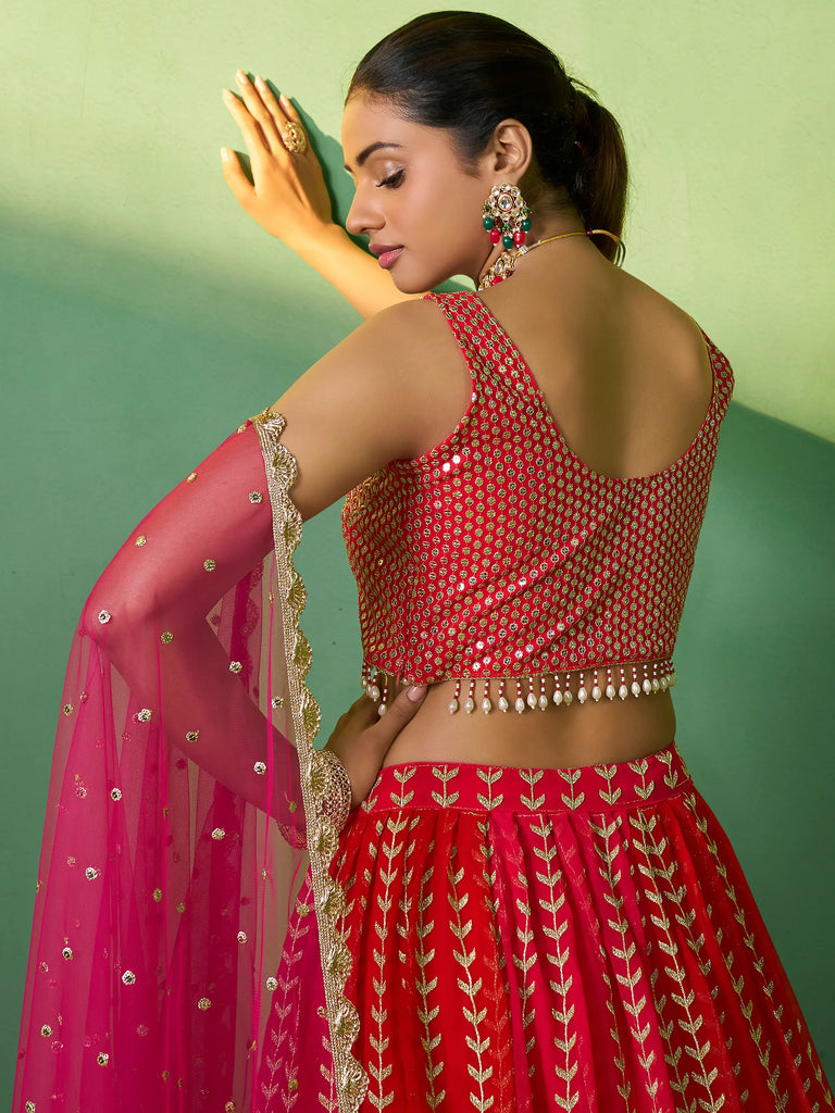 Fascinating Red Sequins Georgette Wedding Wear Lehenga Choli