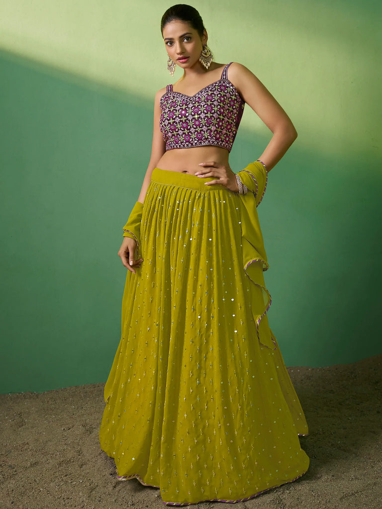Precious Green Sequins Georgette Mehendi Wear Lehenga Choli