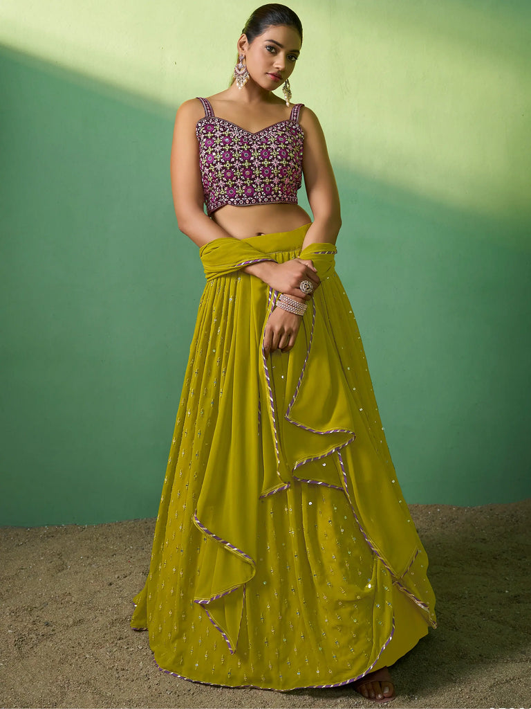 Precious Green Sequins Georgette Mehendi Wear Lehenga Choli