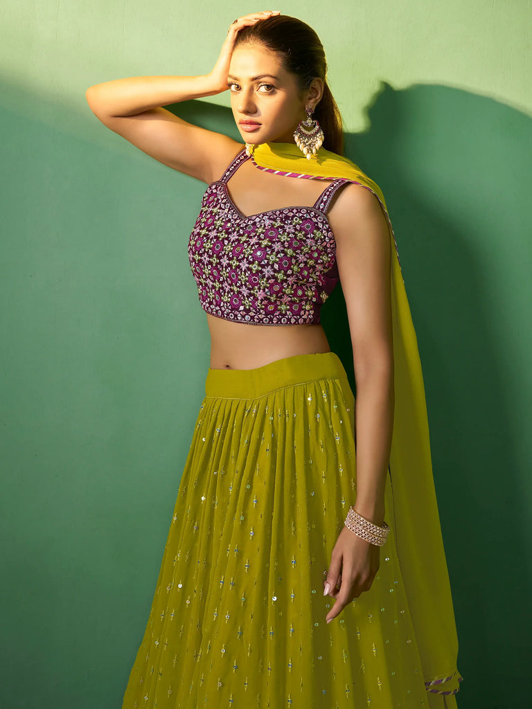 Precious Green Sequins Georgette Mehendi Wear Lehenga Choli