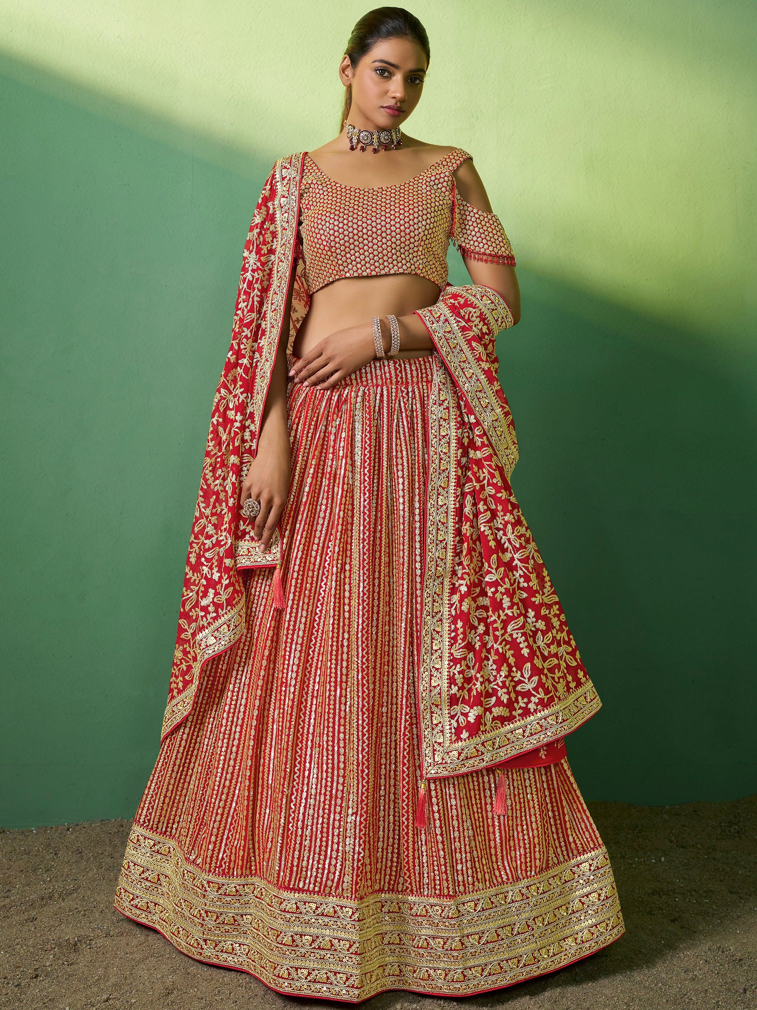 Beautiful Red Sequins Georgette Lehenga Choli With Net Dupatta