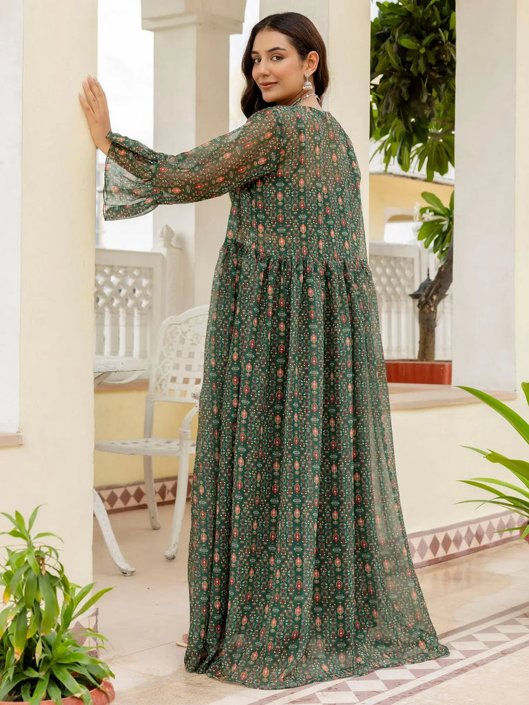Awesome Bottle Green Digital Printed Georgette Designer Sharara Suit With Jacket