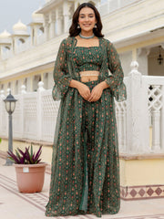 Awesome Bottle Green Digital Printed Georgette Designer Sharara Suit With Jacket