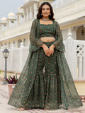 Awesome Bottle Green Digital Printed Georgette Designer Sharara Suit With Jacket